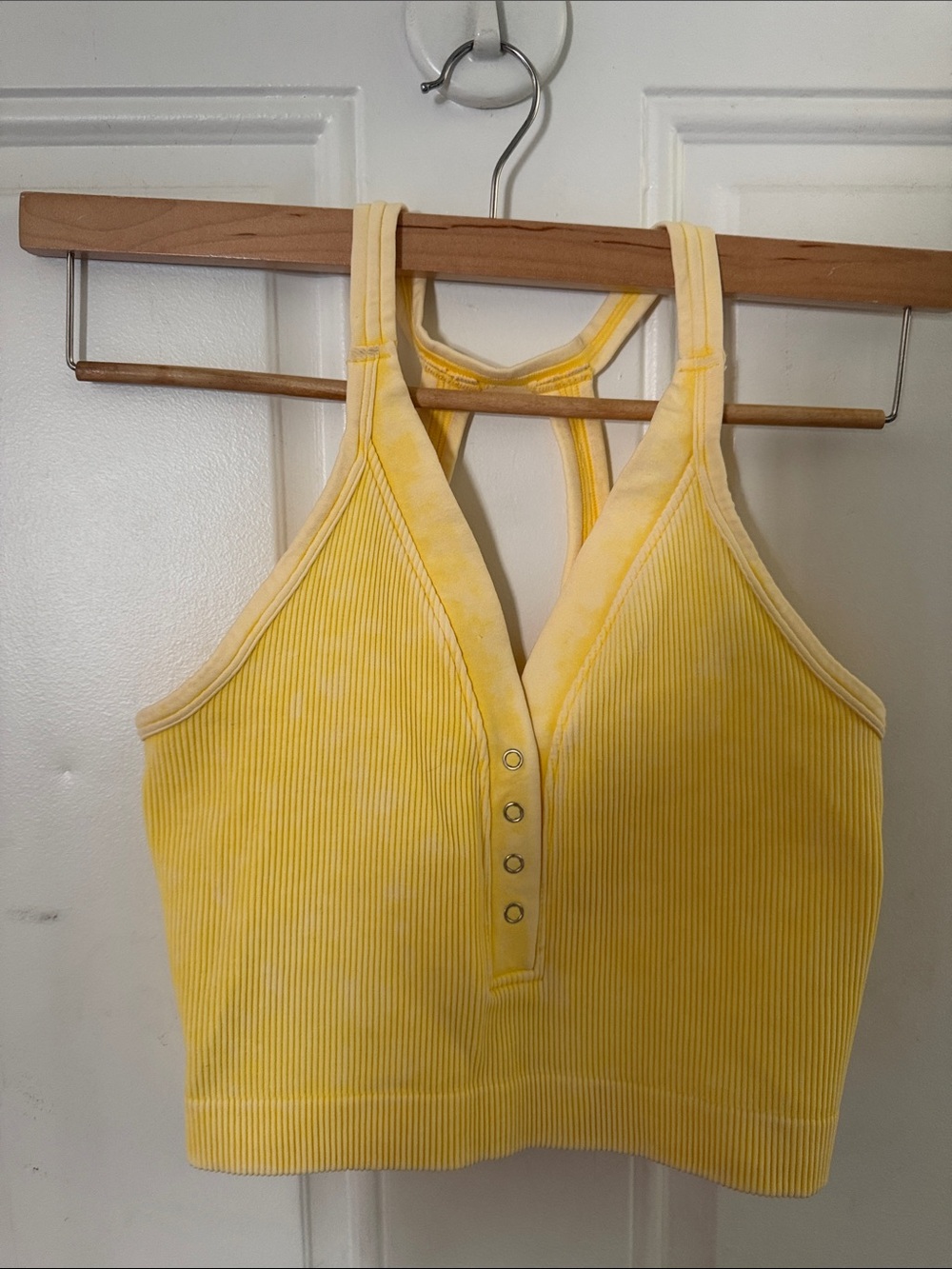 Yellow Ribbed Snap-Front Racerback Crop Top - Unbranded